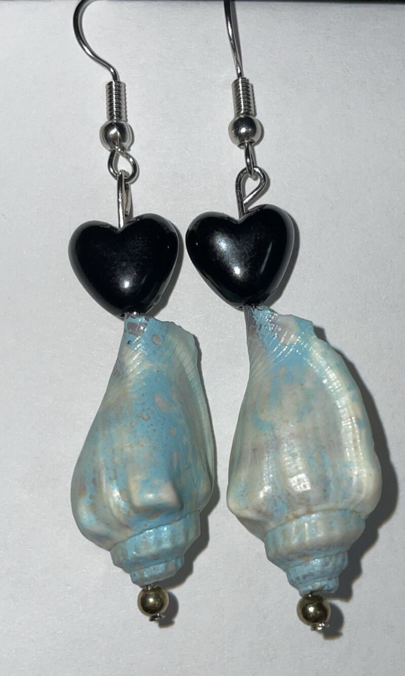 Handmade Coastal Mini Conch Shell Teal Valentines black heart Dangly Earrings 2”
